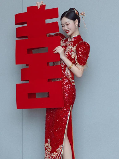 Red Traditional Chinese Wedding Phoenix Xiuhe Dress Cheongsam Qipao Dress Long Tea Ceremony Dress Bridal Shower Dress Removable sleeves