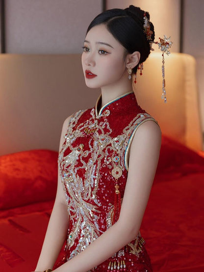 Red Traditional Chinese Wedding Phoenix Xiuhe Dress Cheongsam Qipao Dress Long Tea Ceremony Dress Bridal Shower Dress Removable sleeves