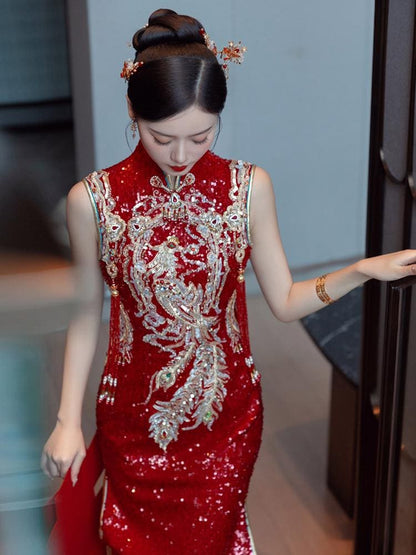 Red Traditional Chinese Wedding Phoenix Xiuhe Dress Cheongsam Qipao Dress Long Tea Ceremony Dress Bridal Shower Dress Removable sleeves