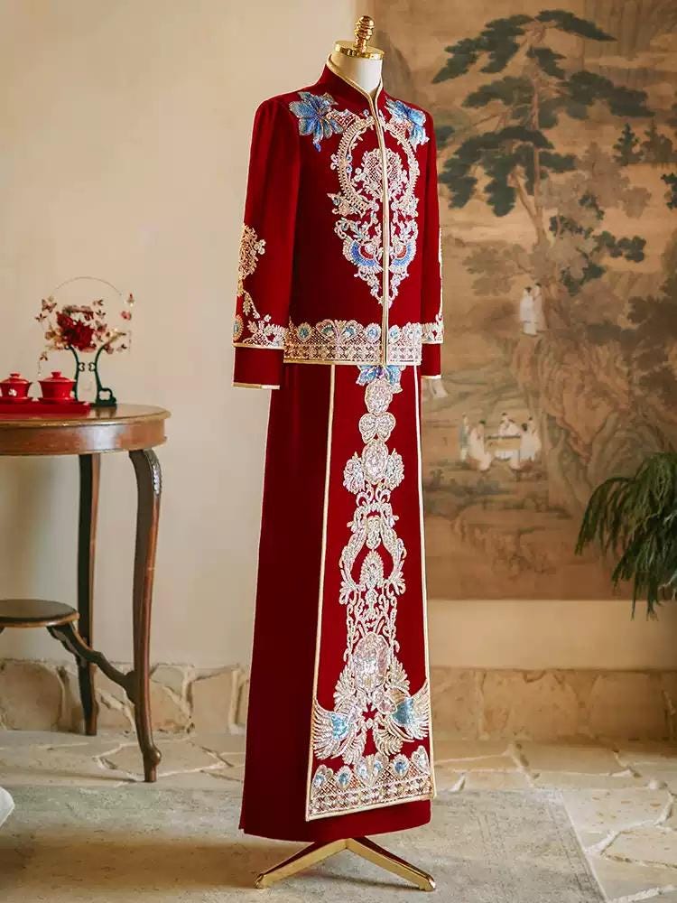 Traditional Chinese Groom Suit Red Wedding Xiuhe Velvet Tea Ceremony For men Red Gown Plus Size Kimono