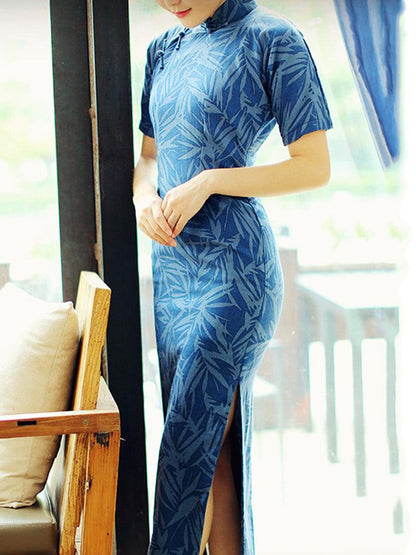 Leaf Pattern Cheongsam Blue Qipao Long Dress