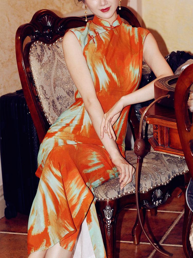 Orange Tie-Dye Inspired Printed Fashion Qipao