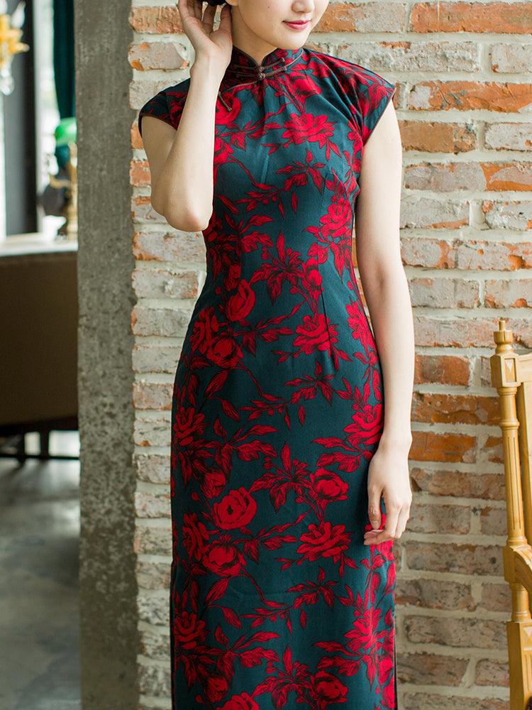 Dark Blue Background With Rose Pattern Cheongsam