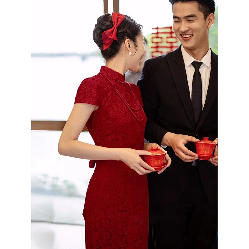 Wine Red Wedding Cheongsam Open Black Chinese Qipao