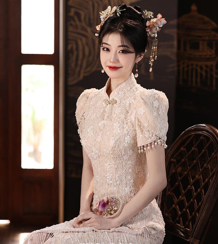 Open back dress with fringe Cheongsam for Wedding Ceremonial