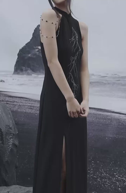 Dark Vintage Dress with Lightning Embroidery