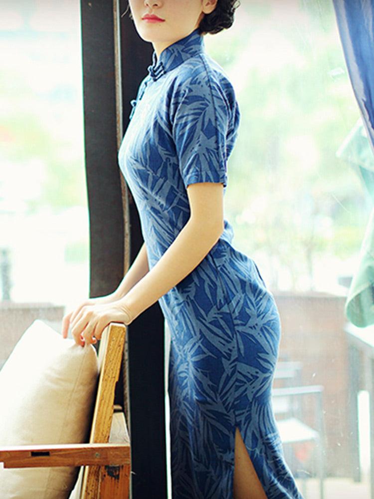 Leaf Pattern Cheongsam Blue Qipao Long Dress