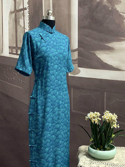 Blue Vintage Floral Printed Qipao