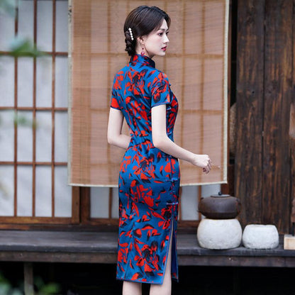 Blue Color With Red Petal Silk Cheongsam