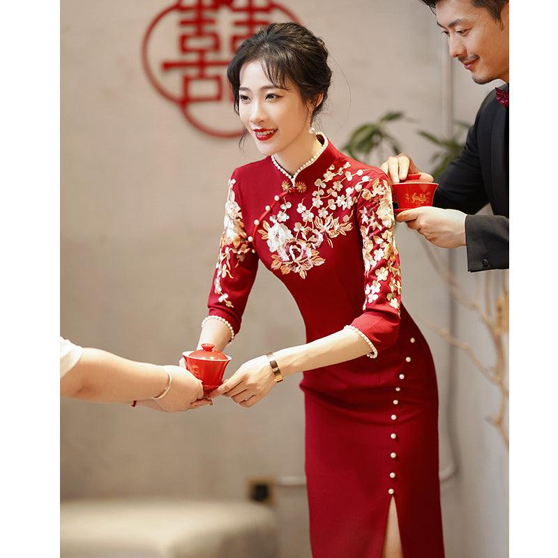 Wine Red Tea Ceremony Qipao Chinese Wedding