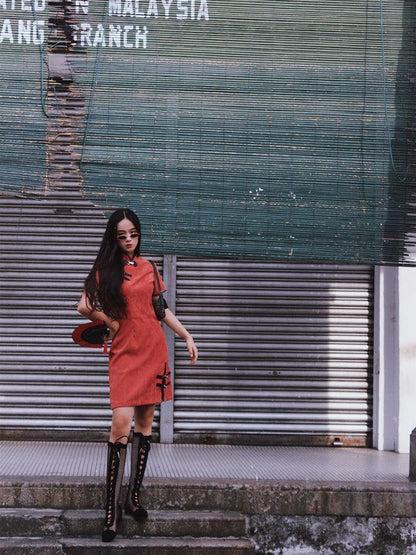 Corduroy Orange Cheongsam with Punk-inspired