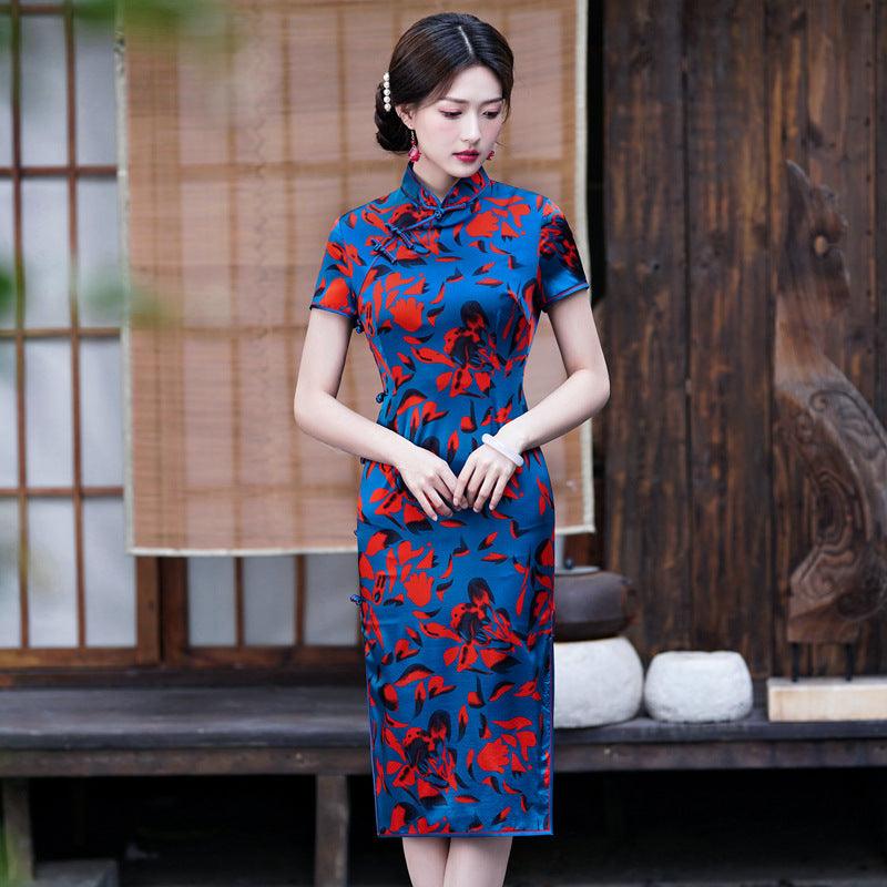 Blue Color With Red Petal Silk Cheongsam