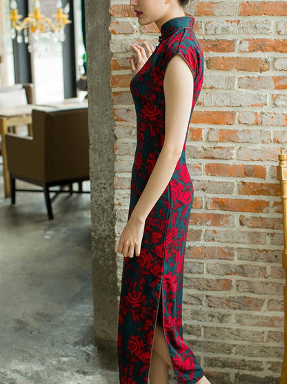 Dark Blue Background With Rose Pattern Cheongsam