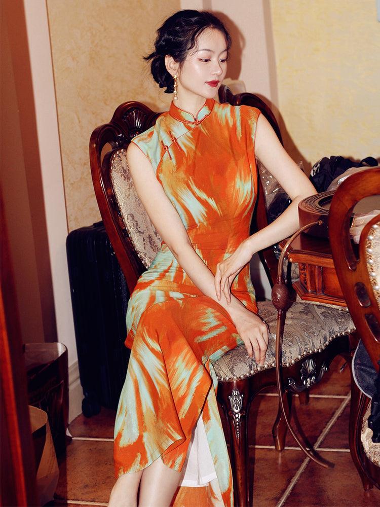 Orange Tie-Dye Inspired Printed Fashion Qipao