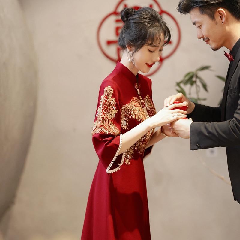 Customizable Wine Red Tea Ceremony Wedding Qipao