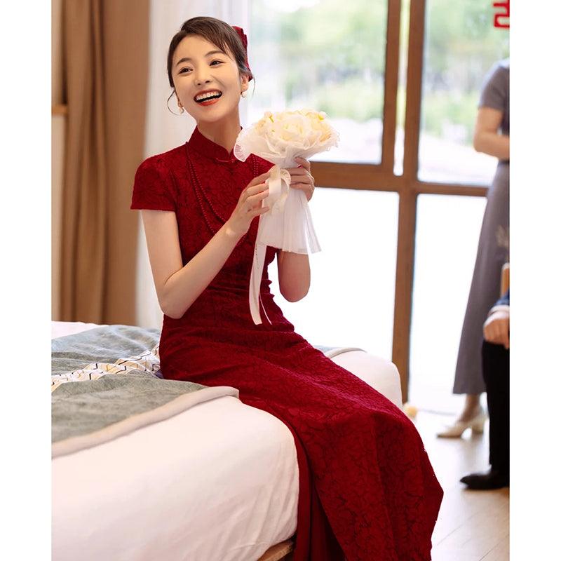 Wine Red Wedding Cheongsam Open Black Chinese Qipao