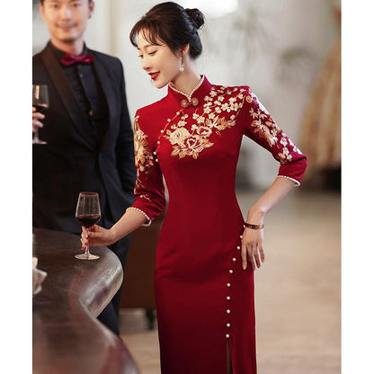 Wine Red Tea Ceremony Qipao Chinese Wedding